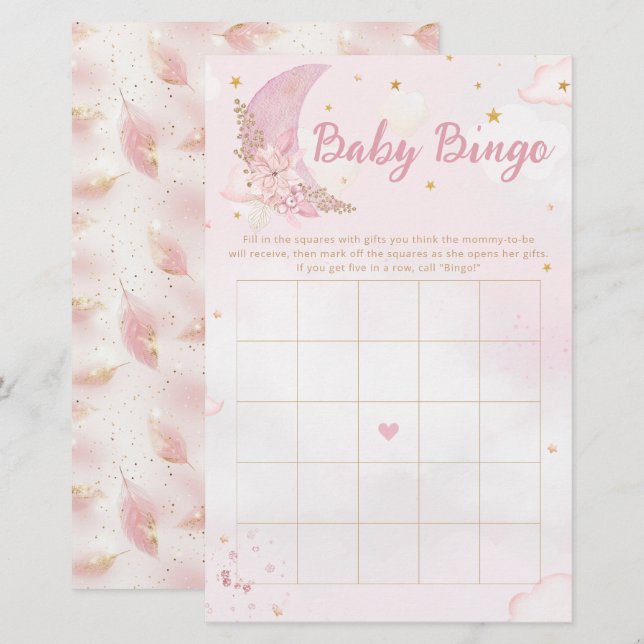 Boho Rosa & Guld Måne Baby Shower Bingo Game (Fram/baksida)