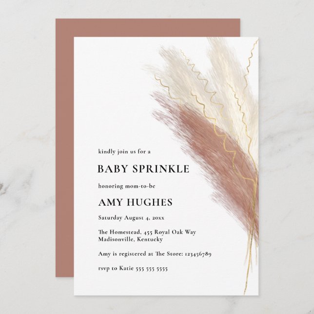 Boho Rosa Guld Pampas Grass Flicka Sprinkle Inbjudningar (Fram/baksida)