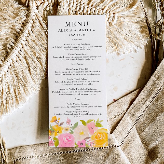 Boho rosa gult blommigt vattencolor Bröllop Meny (Boho pink yellow floral watercolor Wedding Menu)