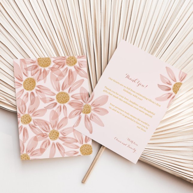 Boho Rosa Gult Daisy 1:a födelsedag - tackkort Tack Kort (Skapare uppladdad)