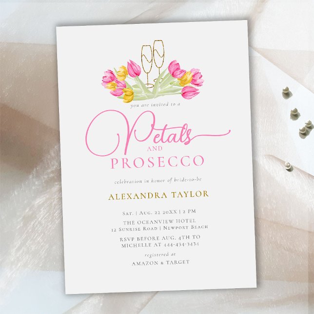 Boho Rosa Gult Tulip Guld Petals Prosecco Möhippa Inbjudningar (Skapare uppladdad)