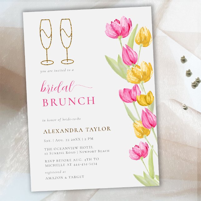 Boho Rosa Gult Tulips Guld Flutes Möhippa Brunch Inbjudningar (Skapare uppladdad)