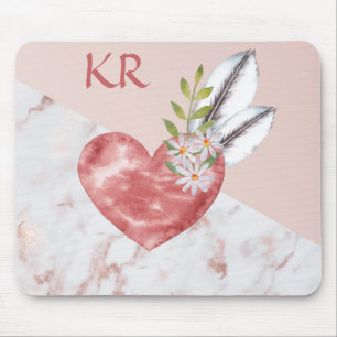 Boho Rosa Heart Feathers Daisy Marble Mönster Musmatta