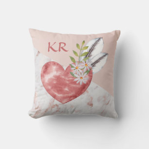 Boho Rosa Heart Feathers Marble Mönster Initialer Kudde