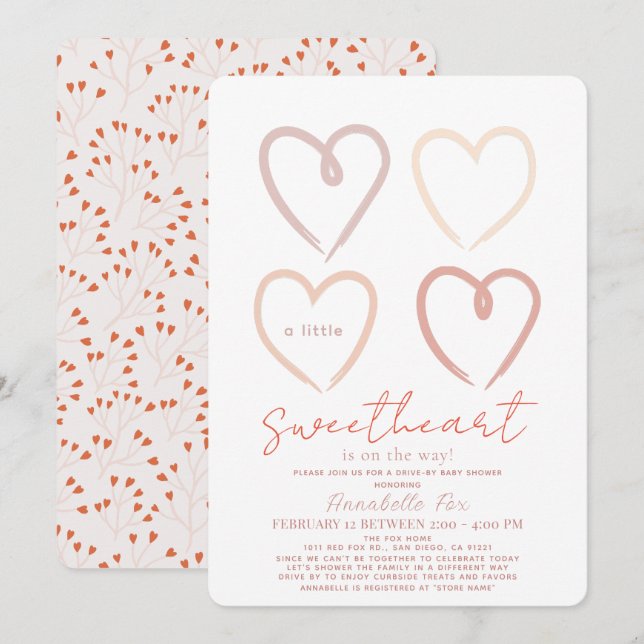Boho Rosa Hearts Baby Drive by Baby Shower Inbjudningar (Fram/baksida)