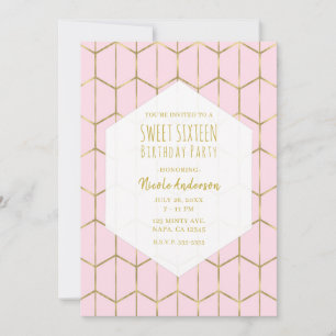 Boho Rosa Hexagon Guld Geometrisk Glam Söt 16 Föde Inbjudningar