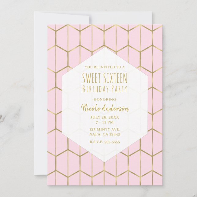 Boho Rosa Hexagon Guld Geometrisk Glam Söt 16 Inom Inbjudningar (Framsida)