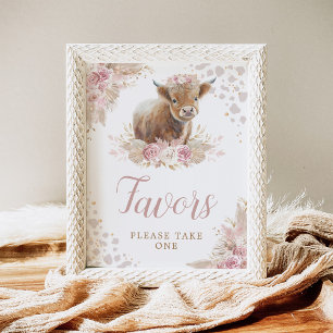 Boho  Rosa Highland Cow Favors Sign Poster