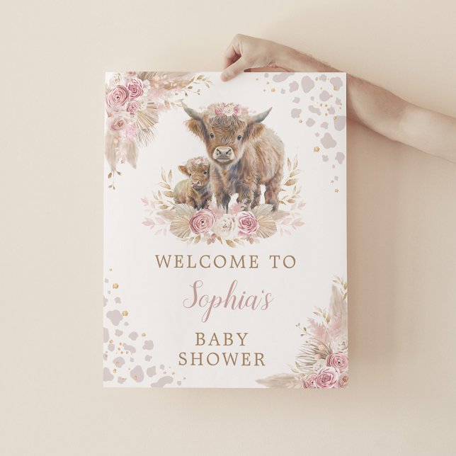Boho Rosa Highland Cow Flicka Shower Välkommen Poster (Skapare uppladdad)