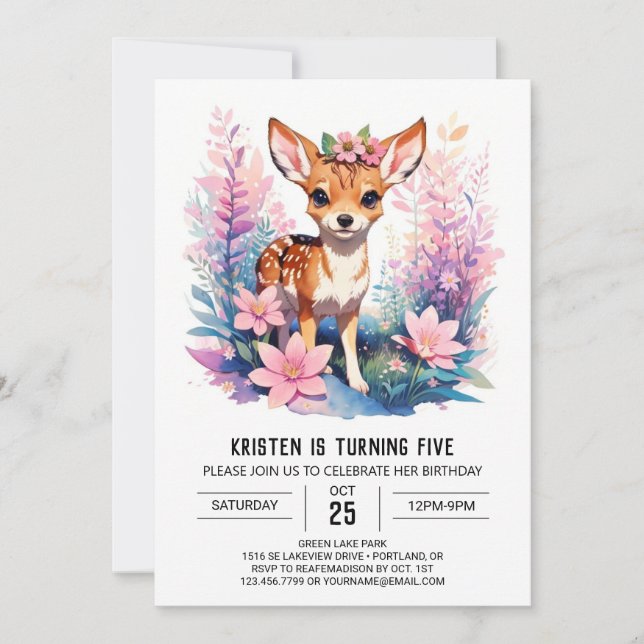 Boho Rosa Hjort Firande Girl Birthday Inbjudningar (Framsida)