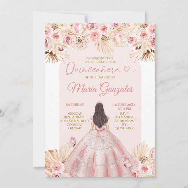 Boho Rosa Klänning Blommig Prinsessa Quinceañera Inbjudningar (Framsida)