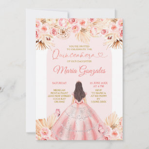 Boho rosa klänning Blommig prinsessa Quinceañera Inbjudningar