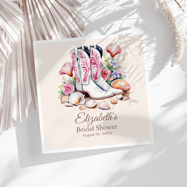 Boho Rosa Kust Cowgirlstövlar Bröllopsfest Pappersservett (Boho Pink Coastal Cowgirl Boots Bridal Shower Napkins on a sunny white table.)