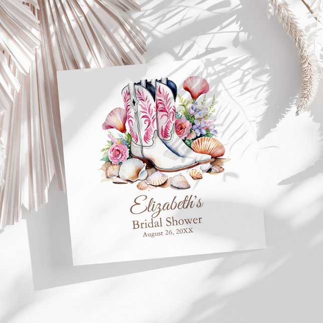 Boho Rosa Kust Cowgirlstövlar Bröllopsfest Pappersservett (Boho Pink Coastal Cowgirl Boots Bridal Shower Napkins on a sunny white table.)