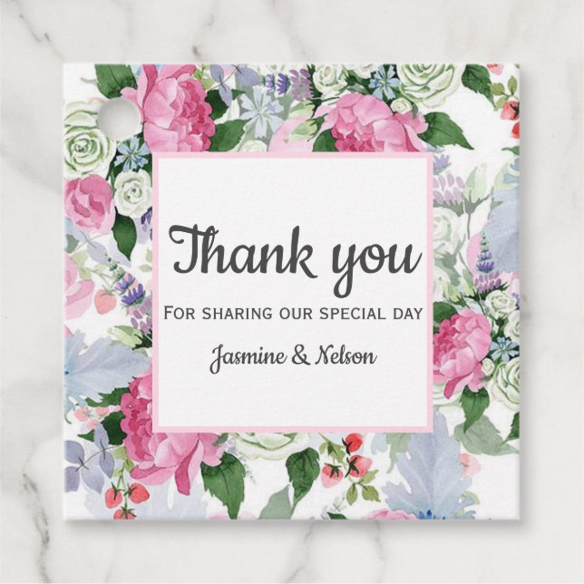 Boho Rosa lavender Blue Blblomma tack bröllop Gåvor Etiketter (Framsida)