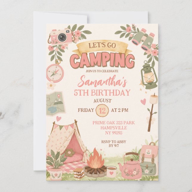 Boho Rosa Let's Go Camping Födelsedag Inbjudningar (Framsida)