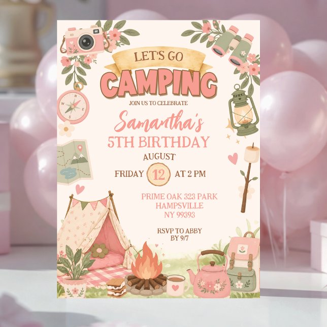 Boho Rosa Let's Go Camping Födelsedag Inbjudningar (Skapare uppladdad)