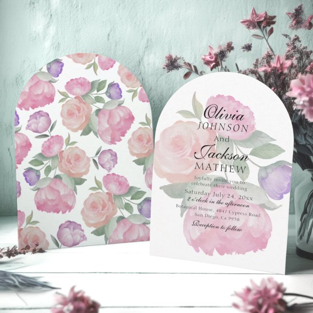 Boho Rosa & Lila Akvarell Blommig Bröllopsinbjudan Inbjudningar (Skapare uppladdad)