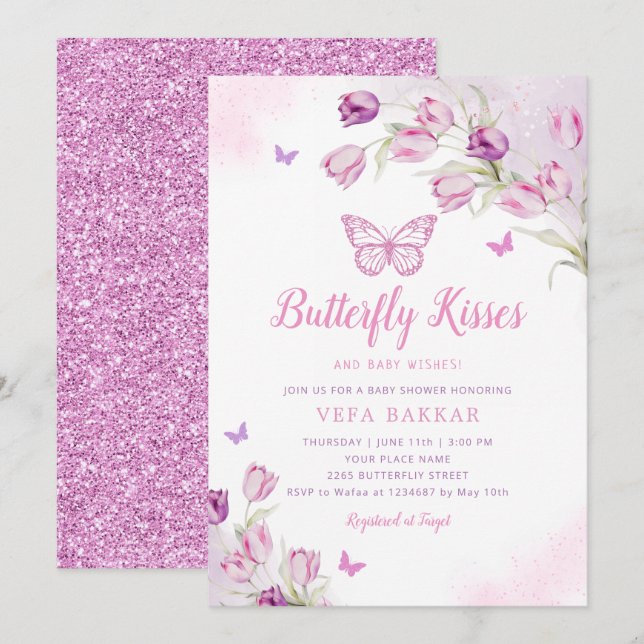 Boho Rosa Lila Blommigt Butterfly Girl Baby Shower Inbjudningar (Fram/baksida)