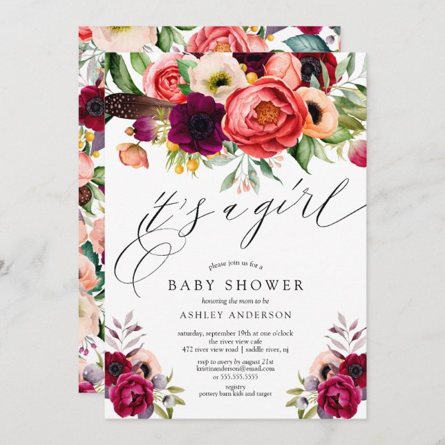 Boho Rosa Lila Blommigt Det är en Baby Shower Inbjudningar (Fram/baksida)