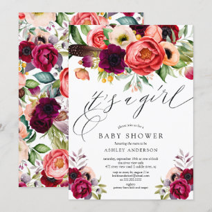 Boho Rosa Lila Blommigt Det är en Baby Shower Inbjudningar