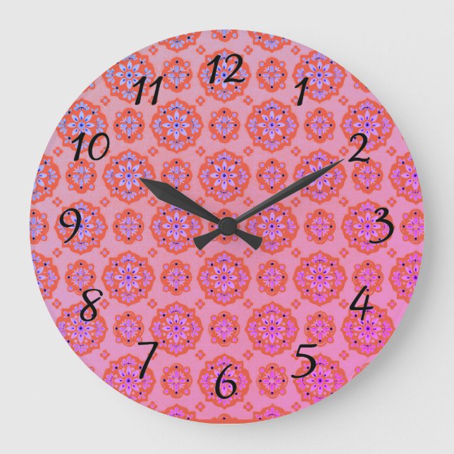 Boho Rosa Lila Blue Mönster Acrylic Wall Clock Stor Klocka (Framsida)