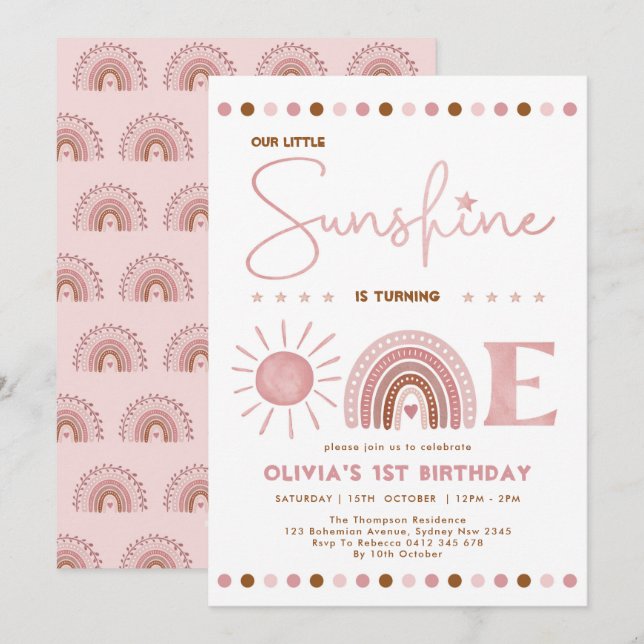 Boho Rosa Little Sunshine Rainbow Girl Birthday Inbjudningar (Fram/baksida)