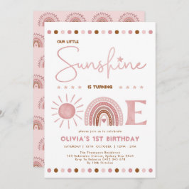 Boho Rosa Little Sunshine Rainbow Girl Birthday Inbjudningar