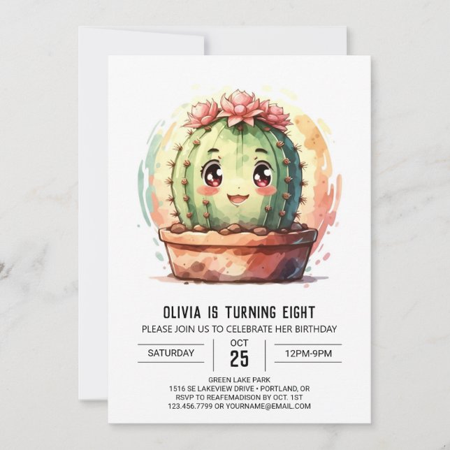 Boho Rosa Lycklig Cactus Girl Birthday Inbjudningar (Framsida)