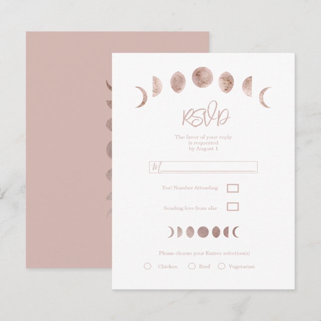 Boho Rosa Månfaser Modern Minimal Bröllop RSVP Inbjudningar (Fram/baksida)