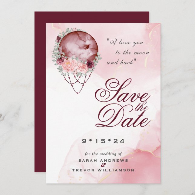 Boho Rosa Maroon Måne Mandala Spara datum Inbjudningar (Fram/baksida)