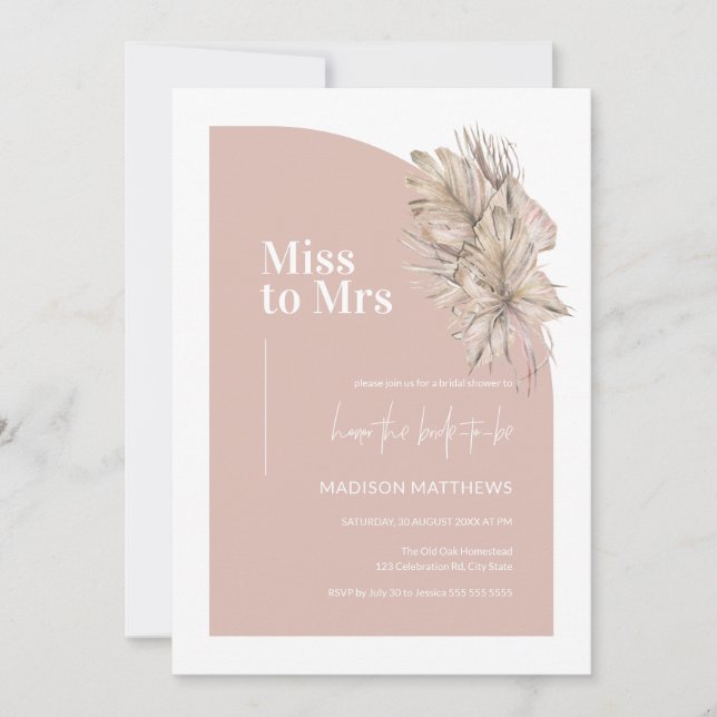 Boho Rosa Minimal Arch Miss till Mrs Möhippa Inbjudningar (Framsida)