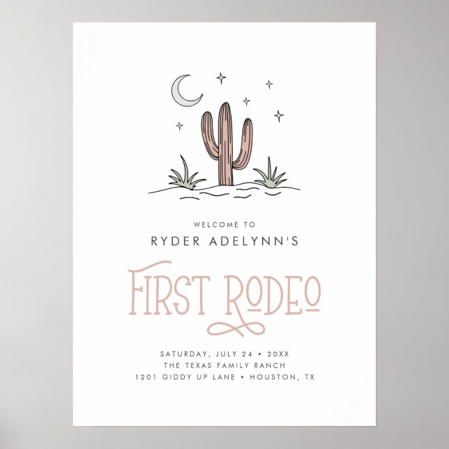 Boho Rosa Modern Flickor Första Rodeo 1-årsdag Poster (Framsidan)