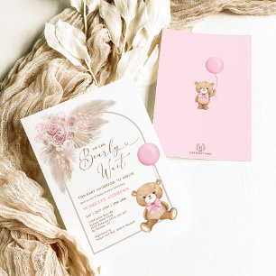 Boho Rosa Nalle Balloon Pampas Flicka Inbjudningar