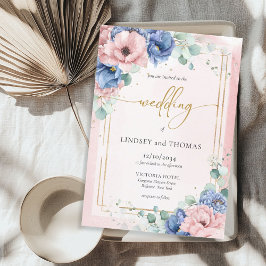 Boho rosa och blå blommigt eucalyptus guld ram inbjudningar