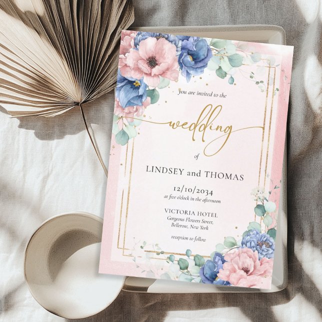 Boho rosa och blå blommigt eucalyptus guld ram inbjudningar (Boho pink and blue floral eucalyptus gold frame invitation)