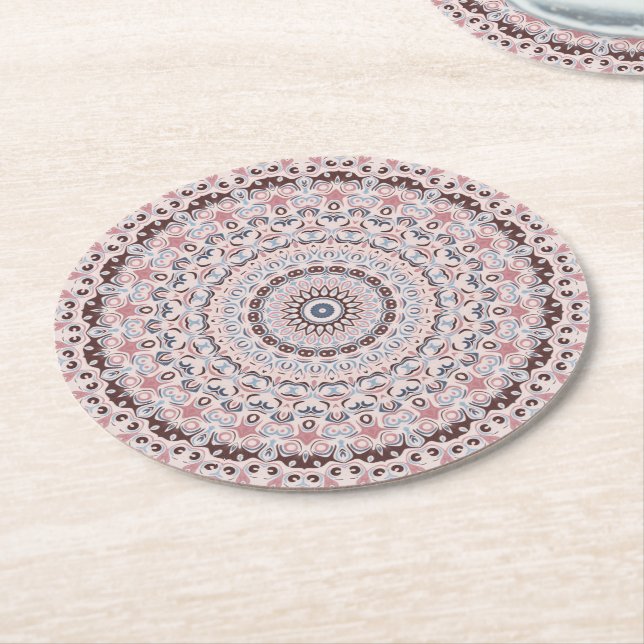 Boho rosa och blå mandala-mönster underlägg papper rund (Vinklad)