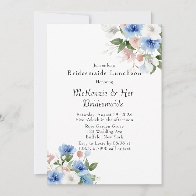 Boho Rosa och Blue Peony Bridesmaids Luncheon Inbjudningar (Framsida)