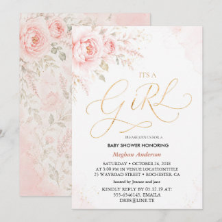 Boho rosa och guld blommig det är en tjej baby sho inbjudningar
