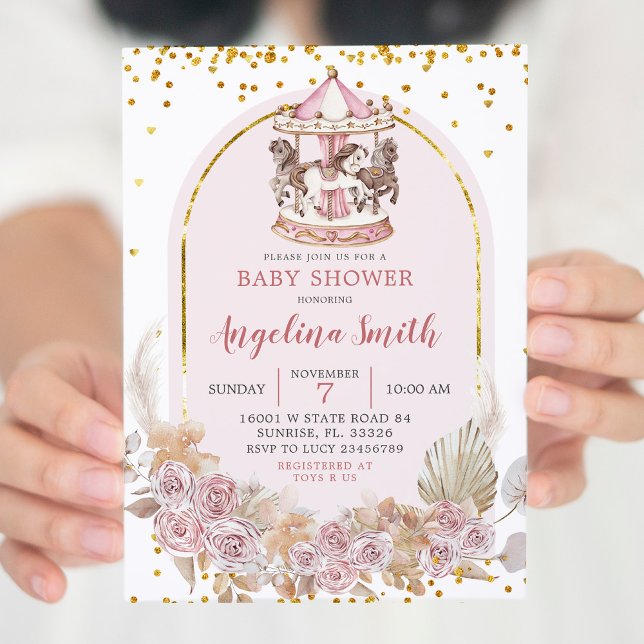 Boho Rosa och Guld Blommigt Carousel Baby Shower Inbjudningar (Skapare uppladdad)