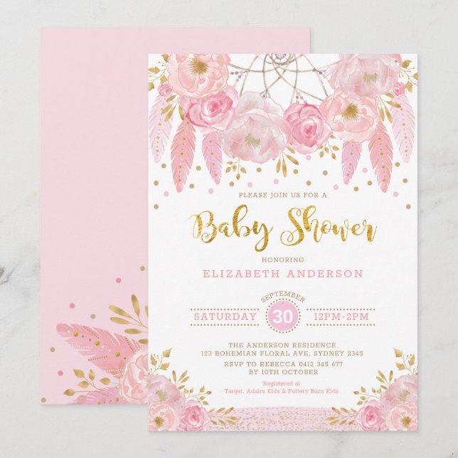 Boho Rosa och Guld Dreamcatcher Blommigt Baby Show Inbjudningar (Fram/baksida)