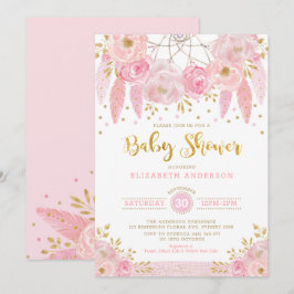 Boho Rosa och Guld Dreamcatcher Blommigt Baby Show Inbjudningar