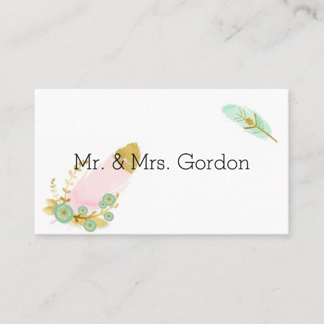 Boho Rosa och Guld Feathers Placeringskort (Framsida)