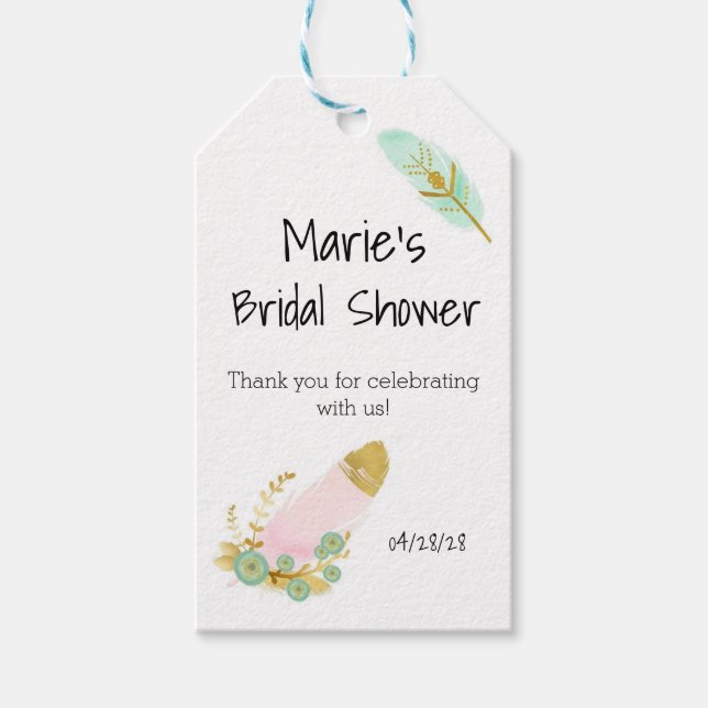 Boho Rosa och Guld Feathers Presentetikett (Framsidan)