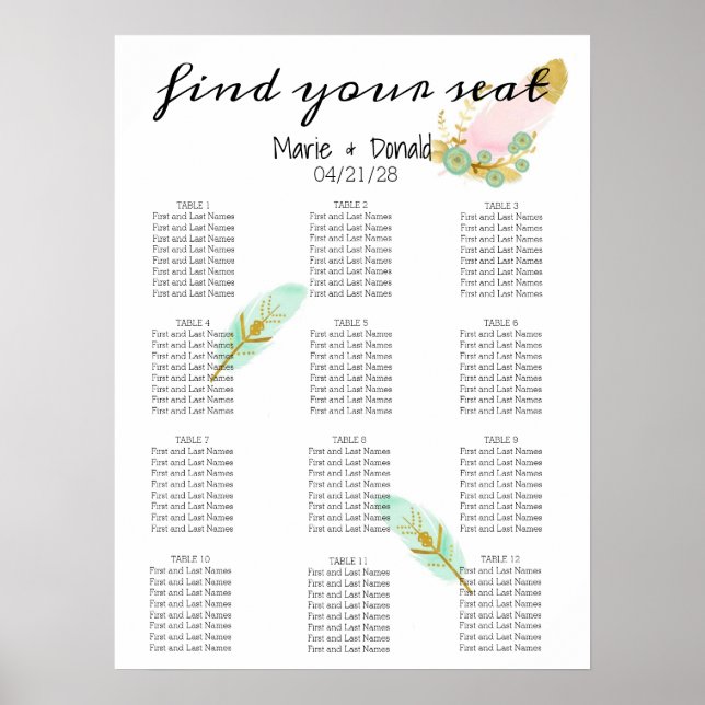 Boho Rosa och Guld Feathers Sittdiagram Poster (Framsidan)