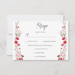 Boho Rosa och Röda Vilda Blommor Bröllopsmåltidsva OSA Kort