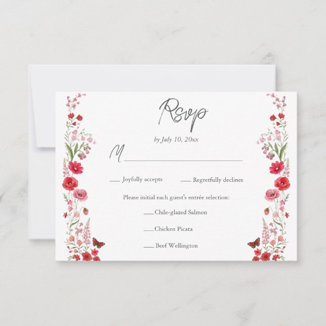 Boho Rosa och Röda Vilda Blommor Bröllopsmåltidsva OSA Kort (Framsida)