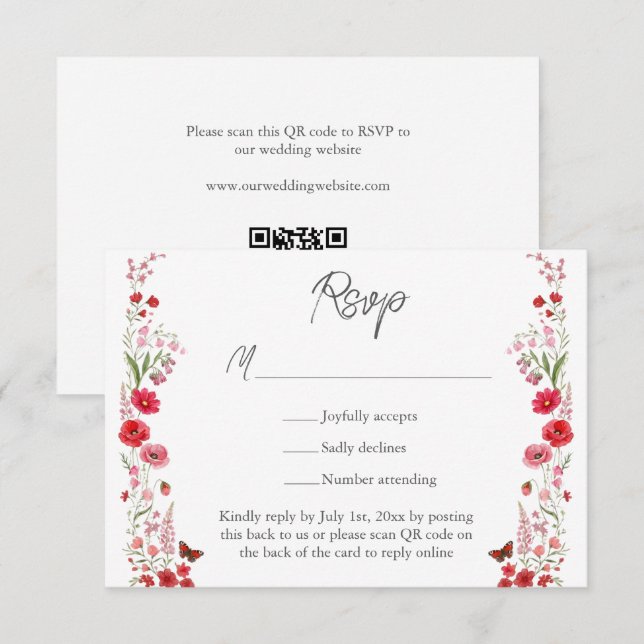 Boho Rosa och Röda Vilda Blommor Bröllopswebbplats OSA Kort (Fram/baksida)