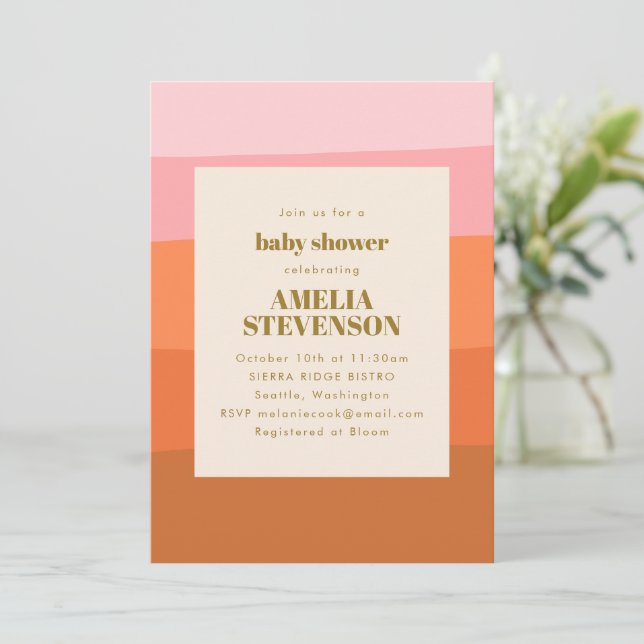 Boho Rosa Orange Abstrakt Randiga Bebis Badrumsfes Inbjudningar (Stående Fram)