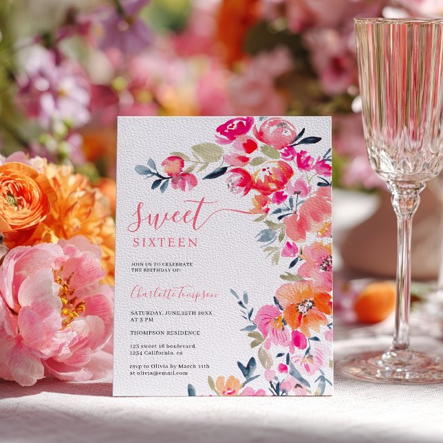 Boho Rosa Orange Akvarell Blommig Sweet 16 Inbjudningar (Boho Pink Orange Watercolor Floral Sweet 16 Invitation)